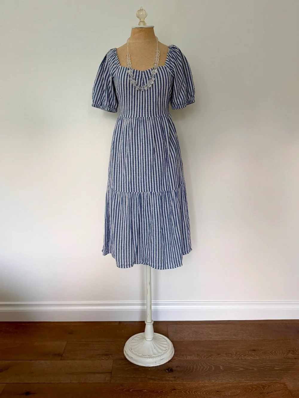 a.n.a Blue and White Striped Square-Neck Midi Dress